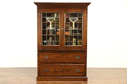 Arts & Crafts Mission Oak Antique Bookcase, China Cabinet, Leaded Glass #32002