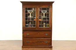 Arts & Crafts Mission Oak Antique Bookcase, China Cabinet, Leaded Glass #32002