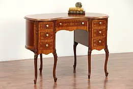 Kidney Shape Vintage Carved Mahogany & Inlaid Marquetry Desk  #29709