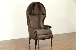 Traditional Vintage Carved Hooded Hall Porter Chair, New Upholstery #31769