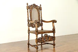 Throne or Antique Italian Hall Chair, Carved Angels or Cherubs #30985