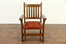 Arts & Crafts Mission Oak Antique Craftsman Chair, Leather Seat #30092