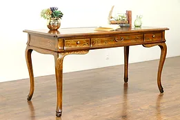Carved Fruitwood Vintage Library Desk, Hand Painted, Leather Top, Drexel #31113