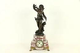 French Antique Marble Mantel Clock, Hunt Cherub Statue, Marti #31743