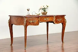 French Louis XIV Style Antique Tulipwood Library Desk, Brass Mounts #29979
