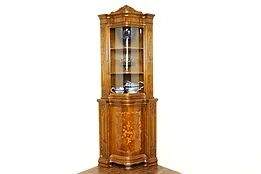 Curved Glass & Marquetry Vintage Corner Curio Cabinet, Signed Italian #31355