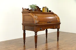 Victorian Antique Carved Walnut Cylinder Roll Top Desk, Leather Top  #31440
