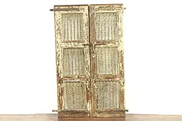 India Antique Architectural Salvage Pair 20" Cream Doors, Iron Bars Wine Cellar