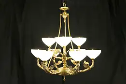 Angel Sculpture Chandelier, 9 Opal Glass Shades, Solid Brass #31059