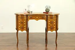 Kidney Shape Vintage Carved Mahogany Desk, Marquetry & Banding #30532