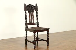 Antique Oak Dining Chair, New Leather, North Wind Face Carving #32302