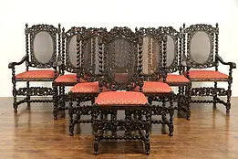 Set of 8 Antique Black Forest Dining Chairs, Carved Cupids or Angels #32316