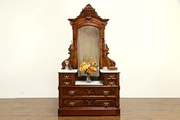 Victorian Antique Walnut Chest or Dresser, Marble & Mirror, Secret Drawer #32333