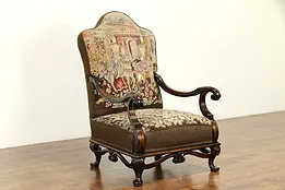 Mahogany Carved Antique Chair, Worn Needlepoint & Petit Point Upholstery #32413