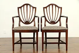Pair of Shield Back Mahogany Vintage Dining Arm Chairs, New Upholstery #32418