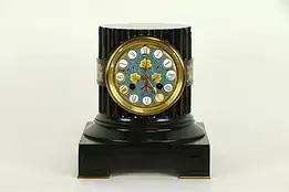 French Antique Pillar Mantel Clock, Black Marble, Cloisonne, Boye #32432