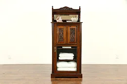 Victorian Antique English Carved Walnut Music or Bath Cabinet, Mirror  #32552