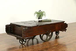 Industrial Salvage 1900 Antique Railroad Pine & Iron Cart, Coffee Table #32629