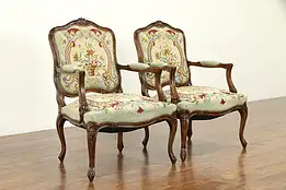 Pair of French Carved 1930's Vintage Chairs, Needlepoint Upholstery #32633