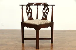 Georgian Style Vintage Mahogany Corner Chair, New Upholstery, Hickory #32680