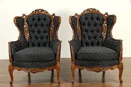 Pair of Vintage Wing Chairs, Carved Lovebirds & Angels, New Upholstery #32742