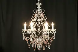 Wrought Iron Chandelier with 6 Candles, Rose Swags & Clear Prisms #32767