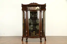 Oak Antique Curved Glass Curio or China Display Cabinet Carved Paw Feet #32772