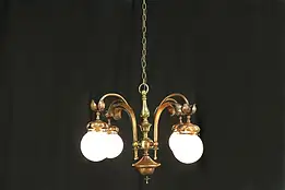 Art Nouveau Antique Brass & Copper Chandelier Light Fixture, Glass Globes #33006