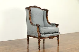 Louis XVI French Style Antique Carved Wing Chair, New Upholstery #33015