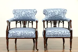 Victorian English Antique Banded Rosewood Pair of Chairs, New Upholstery #33018