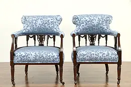 Victorian English Antique Banded Rosewood Pair of Chairs, New Upholstery #33018