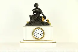 French Antique 1880 Marble Mantel Clock, Bronze Sculpture, Signed Paris #33070