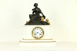 French Antique 1880 Marble Mantel Clock, Bronze Sculpture, Signed Paris #33070