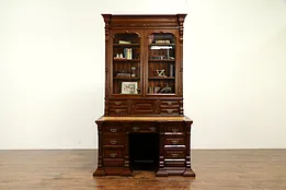 Victorian Antique Walnut Library Desk & Bookcase, Signed Bitten 1887 #33107