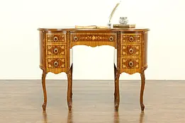 Kidney Shape Vintage Carved Mahogany & Inlaid Marquetry Desk #33143