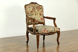 French Antique Carved Chair, Needlepoint & Petit Point Upholstery #33157