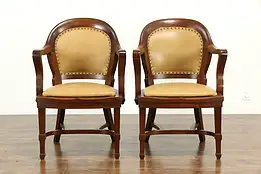 Pair of Antique Walnut Banker Chairs, New Leather, Becker #33192