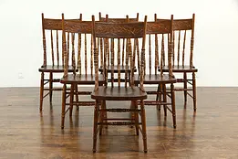 Set of 6 Antique Ash Pressback Country Dining Chairs, Cherry Carving #33209