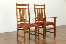 Pair of Craftsman Vintage Cherry Arm Chairs, Leather Seats, Stickley #33313