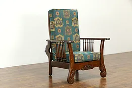 Victorian Antique Carved Oak Morris Recliner Chair, New Upholstery #33377
