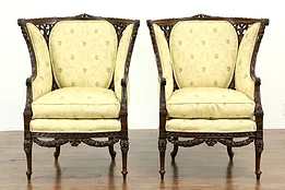Pair of Vintage Regency Carved Wing Chairs, New Upholstery #33379