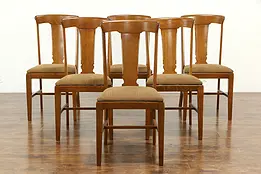 Set of 6 Antique Craftsman Oak Dining Chairs, New Upholstery, Brown #33381