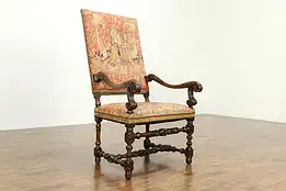 Carved Walnut Antique French Throne or Hall Chair, Unicorn Tapestry  #33391