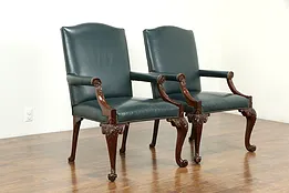 Pair of Georgian Style Vintage Leather & Carved Mahogany Chairs, Baker  #33498