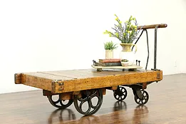 Industrial Salvage 1900 Antique Railroad Ash & Iron Cart, Coffee Table #33500