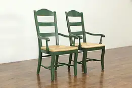 Par of Vintage Farmhouse Carved Painted Country Chairs, Arms, Rush Seats #33758