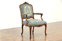 French Style Carved Vintage Chair, Needlepoint & Petit Point Upholstery #33980