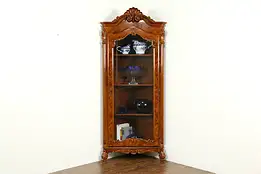 Italian Vintage Burl Corner China Curio Display Cabinet, Shell Crest #33748