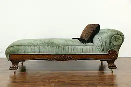 Victorian Antique Oak Chaise or Fainting Couch, Velvet Upholstery #33836