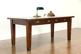 Oak Quarter Sawn Antique Craftsman Library Table or Desk, Brass Feet #34087